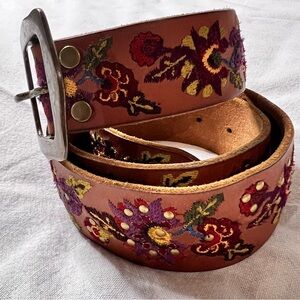 Lucky Brand Embroidered Floral Leather Belt - Brown